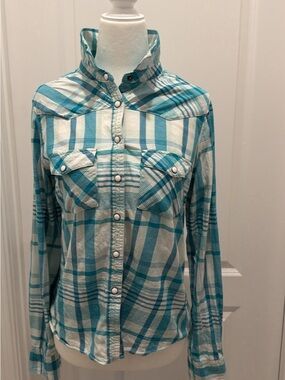 RANK•45 Plaid Button-Up Shirt - Teal & White